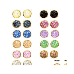 Stud Fashion 12Mm Resin Druzy Drusy Round Earrings Gold Color Glitter Handmade For Women Jewelry Drop Delivery Dhg85