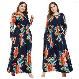 Ethnic Clothing Plus Size Muslim Women Loose Printed Floral Long Sleeve Maxi Dress Abaya Kaftan Jilbab Cocktail Party Casual Islamic Robe