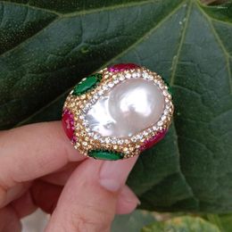 Cluster Rings Y.YING Freshwater Cultured White Keshi Pearl Crystal Pave Ring For Engagement Women Gift