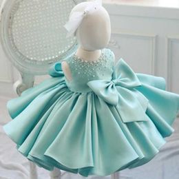 Girl's Dresses New Fashion Beaded Bow Baby Girl Dress Princess Fluffy Tulle Infant Clothes Baby Girls Baptism Christening 1st Birthday Gown