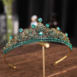 Tiaras Baroque Vintage Gold Color Green Crystal Leaf Bridal Tiaras Bronze Black Rhinestone Pageant Diadem Headband Wedding Hair Jewelry Z0220