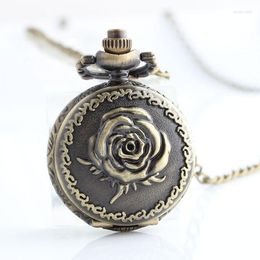 Pocket Watches Retro Dimensional Relief Rose Bronze Alloy Small Quartz Watch Analog Pendant Necklace Mens Womens Gifts A181