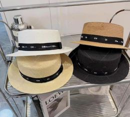 Spring New Letter Grass Brim Top Hat Elegant Sunshade Pastoral Style Light Luxury Flat-Top Cap