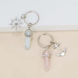 Keychains Creative Natural Agate Hexagonal Column Crystal Keychain Pendant Multicolor Rhinestone Manufacturer Supply