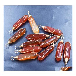 Charms Crystal Glass Red Agate Pillar Shape Stone Point Handmade Iron Wire Pendants For Necklace Earrings Jewelry Makin Mjfashion Dr Dhc4U