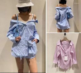 Women's T Shirts Fashion Classic Trendy Luxury Designer Cloth Striped Off-shoulder Suspender Long-sleeved Shirt Elastic Waist Casual Shorts