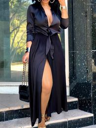 Casual Dresses Solid Long Sleeve Buttoned Maxi Shirt Dress Women Turn Down Collar Lace Up Work
