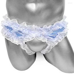 Underwear Luxury Mens Underpants Shiny Satin Sissy Briefs With Ruffles Lace Panties Open Front Penis Hollow Sexy Gay Lingerie Drawers Kecks Thong FVGU