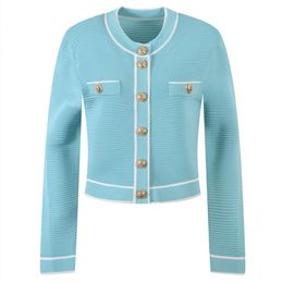 206 2023 Spring Summer Women Sweater Long Sleeve Crew Neck Blue Black Striped Cardigan Womens YL6