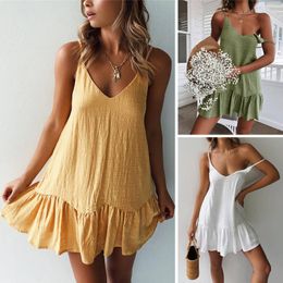 Casual Dresses Sexy Mini Spaghetti Strap Ruffles Summer Dress Women 2023 Cotton Linen Vestidos Femme Off-Shoulder Sundress Minimalism