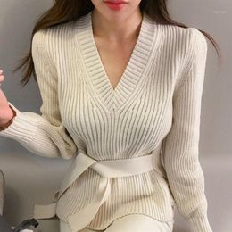 Women's Sweaters Women Pullovers And 2023 Winter V Neck Knitted Streetwear Jumper With Belt Black Red Grey White Warm