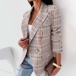 Plaid Blazer Kurtka Kobiety Spring Spring Autumn Long Rleeve Casual Smur Blazers Khaki Woman Płaszcze Elegancki płaszcz biurowy