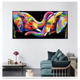 Canvas Paintings Wall Art Posters and Prints Couple Elephants Pictures for Living Room Decor Abstract Animals Colorful Elephant Wooo