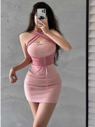 Casual Dresses TVVOVVIN Hot Girl Style Sexy Open Back Lace Up Waist Tight Thin Neck Dress Hip Wrap Mini Dress Pink Hot Sexy Sweet Korean 0P55 L230221