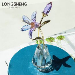 Decorative Objects Figurines Crystal Lily Flower Figurine With Glass Vase Handmade Purple Lucky Flowers Collectible Wedding Bouquets For Home Party Decor 230221