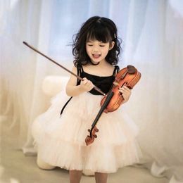 Girl's Dresses Summer Kid Girl Party Dress Black White Pachwork Sleeveless Square Collar Princess Dress Formal Ballet Perform Clothing E7002