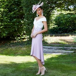 Casual Dresses Elegant Lilac Mother Of The Bride For Wedding Off Shoulder V Neck Applique Jersey Tea Length Party Short Gowns 230221