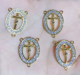 Chains 1pcs Three Holes Oval Cross Virgin Mary Jesus Charm For Bracelet Gold Plated Copper CZ Jewellery Necklace Making Accessories