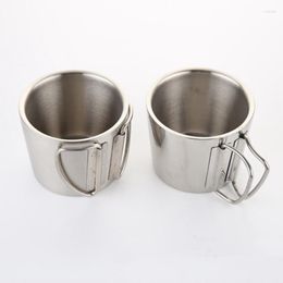 Mugs 2023 350ml Portable Camping Cup Outdoor Folding Handle Vacuum Cups Durable Double Stainless Steel Coffee Beer Mug