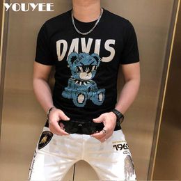 Men's T-Shirts Tshirt Men's Rhinestone Printing Bear Slim 2021 Summer New Trend Streetwear Mercerized Cotton High Quality Male Top Clothes Z0221