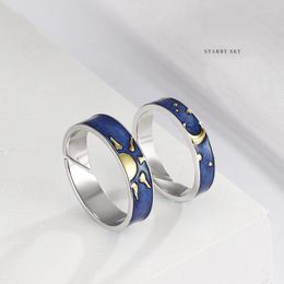 Cluster Rings Couple Silver Color Epoxy Painted Sun And Moon Adjustable Ring Fashion Trend Jewelry Gift J436