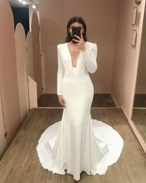 Party Dresses Charming Deep VNeck Mermaid Wedding Dress Long Sleeve Sexy Open Back Formal Satin Bridal Gown Sweep Train 230221
