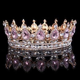 Tiaras Luxury Retro Gold Colour Pink Crystal Round Bridal Crown Classic Baroque Rhinestone Diadem Tiaras Women Wedding Hair Accessories Z0220