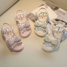 Sandals 2022 Kids New Flat Sandals Bow Rhinestone Girls Princess Summer Shoes Children Open Toe Pearl Beach Sandals Size 26-36 CSH1267 R230220