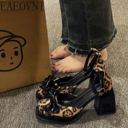 Sandals Platform Heel Chunky Shoes Women Ankle Strap Fashion Leopard Print Girls Sexy Party Square High 230220