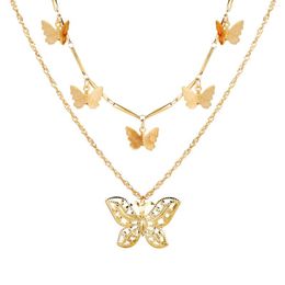 Pendant Necklaces Double Layer Hollow Butterfly Pendent Necklace For Women Sweet Fairy Tale Vintage Insect Metal Fashion Jewellery Gift