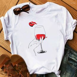 Women's T Shirts Women Short Sleeve Round Neck Tees Female Graphic Tops Shirt Summer Tee Funny Wine Glass Printed