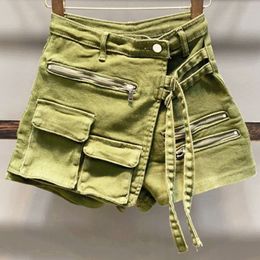 Womens Shorts Summer handsome military denim shorts skirts multi pocket Aline loose wide leg mdfk