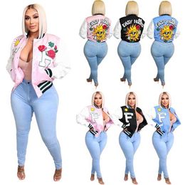 Casual Designer Women Clothes Fashion Baseball Coat Positioning Print Press Button Thread Outerwear