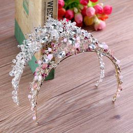 Tiaras New white pink beads bridal crowns handmade tiara bride headband crystal rhinestone diadem queen crown wedding hair accessories Z0220