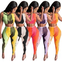 Women's Two Piece Pants Sexy Sheer Mesh Color Block 2 Outfits Fashion Irregular Patchwork Crop Top Pant Suit See Through Club Party Twwo Set