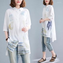 Women's Blouses Summer Literature And Art Water Print Shirt Women's Medium Length Loose Casual Versatile Cotton Linen Split Top Fashion