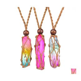 Pendant Necklaces Healing Crystal Column Dyed Natural Stone Pillar Weave Net Bag Charms Green Pink Crystals Brown Rope Chain Mjfashi Dhyvw