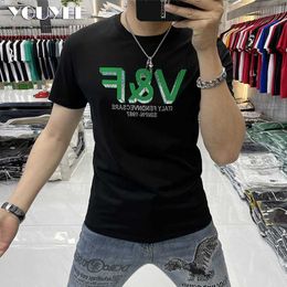 Men's T-Shirts Summer Short Sleeve Tshirt Men's Slim Letter Hot Rhinestone Letter Printing Mercerized Cotton Plus Size Male Top Tees Man Wear Z0221