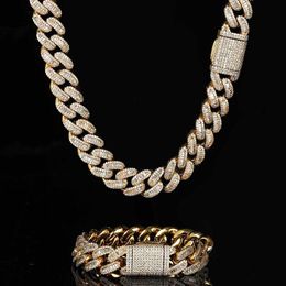 15mm Hip Hop Tennis Chain Necklace Bracelets Jewellery Set 18k Real Gold Plated Cuban Link Chain with Silver CZ Diamonds