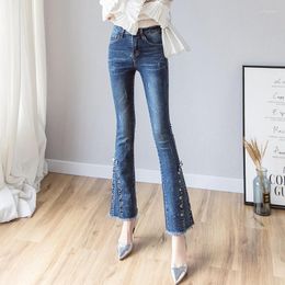 Women's Jeans Woman's Trousers Vintage Boot Cut Office Lady Elegant Bell Bottom Pant Chic Cotton Elastic Denim Skinny Flare Mom