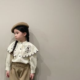 Çocuk Gömlek 3285b Kore kız gömlek nakış üstleri sonbahar tatlı kızın gömlek işlemeli retro yaka prenses gömlek 230220
