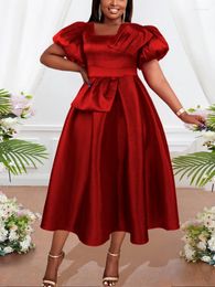 Casual Dresses Vintage Red Prom Elegant Square Neck Puffy High Waist Pleated Flowy Dress Modest Evening Wedding Guest Birthday Gown 3XL