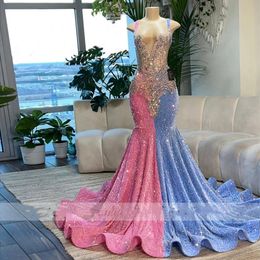 Sequins Mermaid Prom Dresses 2023 For Black Girl Pink And Blue Beaded Crystal Long Party Gown Formal Graduation Dress 322