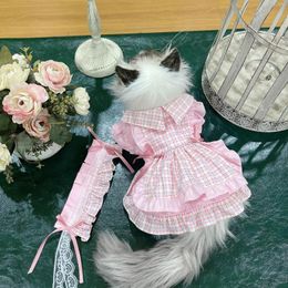 Cat Costumes Pet Items Dog Clothes Skirt Cute Pink Plaid Princess Dress Yorkshire Products