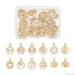 Charms 12Pcs 12 Style Brass Micro Pave Cubic Zirconia Pendants Nickel With Snap On Bail Flat Round Constellationcharms Drop De Dhyrg