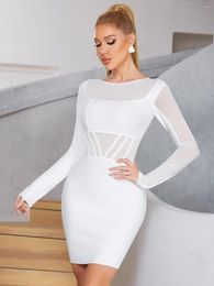 Casual Dresses 2023 Autumn Elegant Sexy See Through White Color Ranyon Bandage Dress Woman Package Hips Evening NightClub Party Outfi