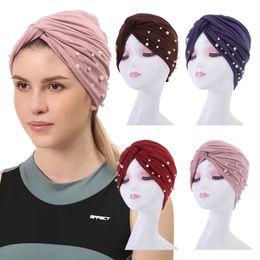 Hair Accessories 2023 New Headband Hats Solid Colour With Pearl Cross Turban Caps Muslim Fashion Women's Hijab Bonnet Ladies Headwear