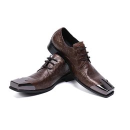 Christia Bella Italian Business Men Oxford Shoes Metal Square Toe Brogue Shoes Brown Real Leather Derby Shoes Lace Up Footwear