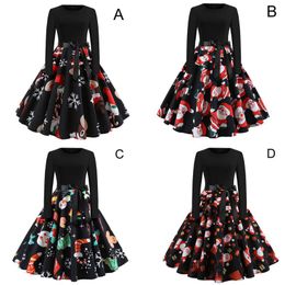 Casual Dresses Women Christmas Print Dress Round Neck Long Sleeve For Party BMF88