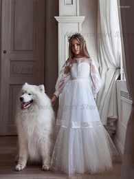 Girl Dresses Wedding A-Line Floor Length Chiffon Tulle Winter Fall Flower With Appliques White Kids Little Cute Girls' Dress